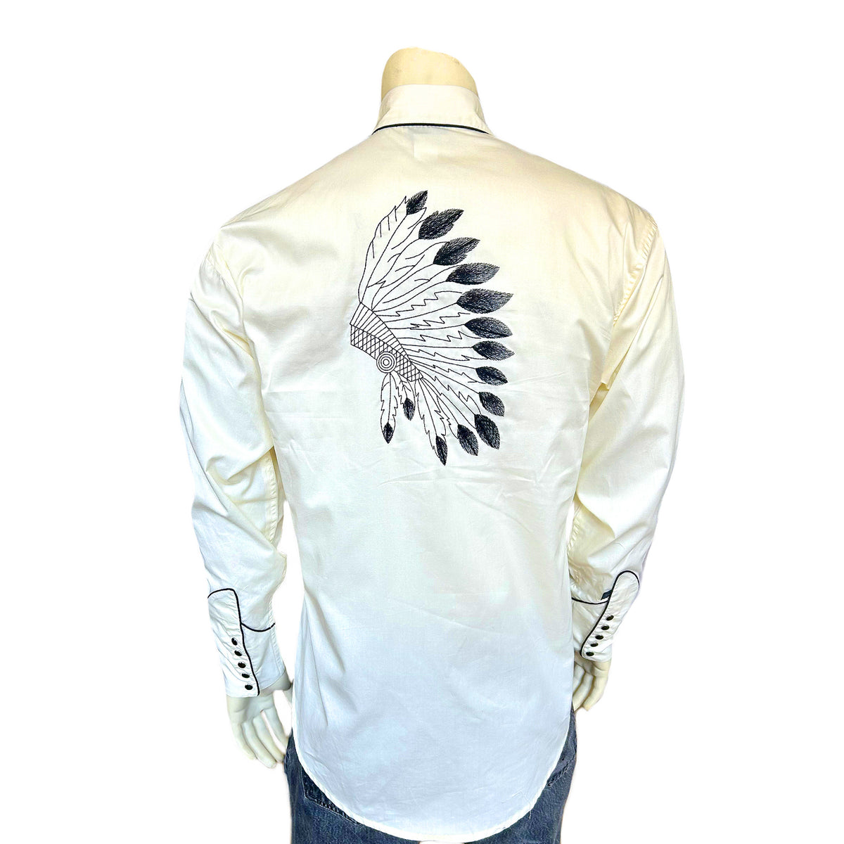 Men's Ivory Gabardine Warbonnet Embroidered Western Shirt by Rockmount Ranch Wear with vintage floral embroidery