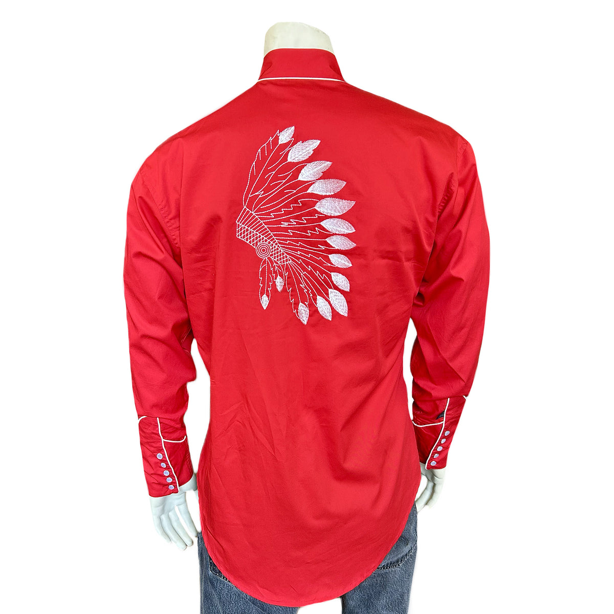 Men's Red Gabardine Warbonnet Embroidered Western Shirt by Rockmount Ranch Wear, vintage floral fringe embroidery