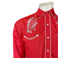 Men's Red Gabardine Warbonnet Embroidered Western Shirt by Rockmount Ranch Wear with vintage fringe embroidery