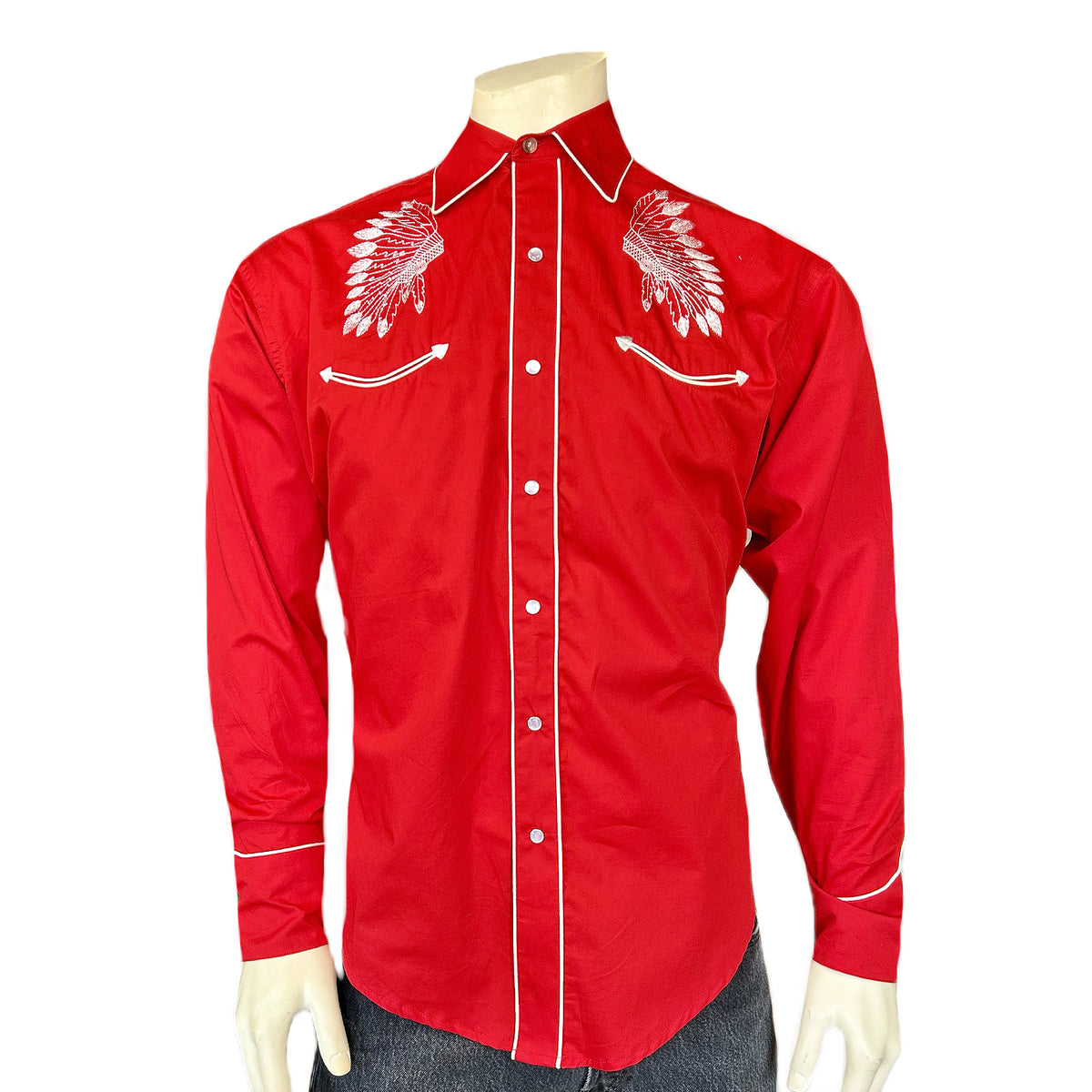 Men's Red Gabardine Warbonnet Embroidered Western Shirt by Rockmount Ranch Wear, vintage fringe embroidered floral