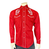 Men's Red Gabardine Warbonnet Embroidered Western Shirt by Rockmount Ranch Wear, vintage fringe embroidered floral