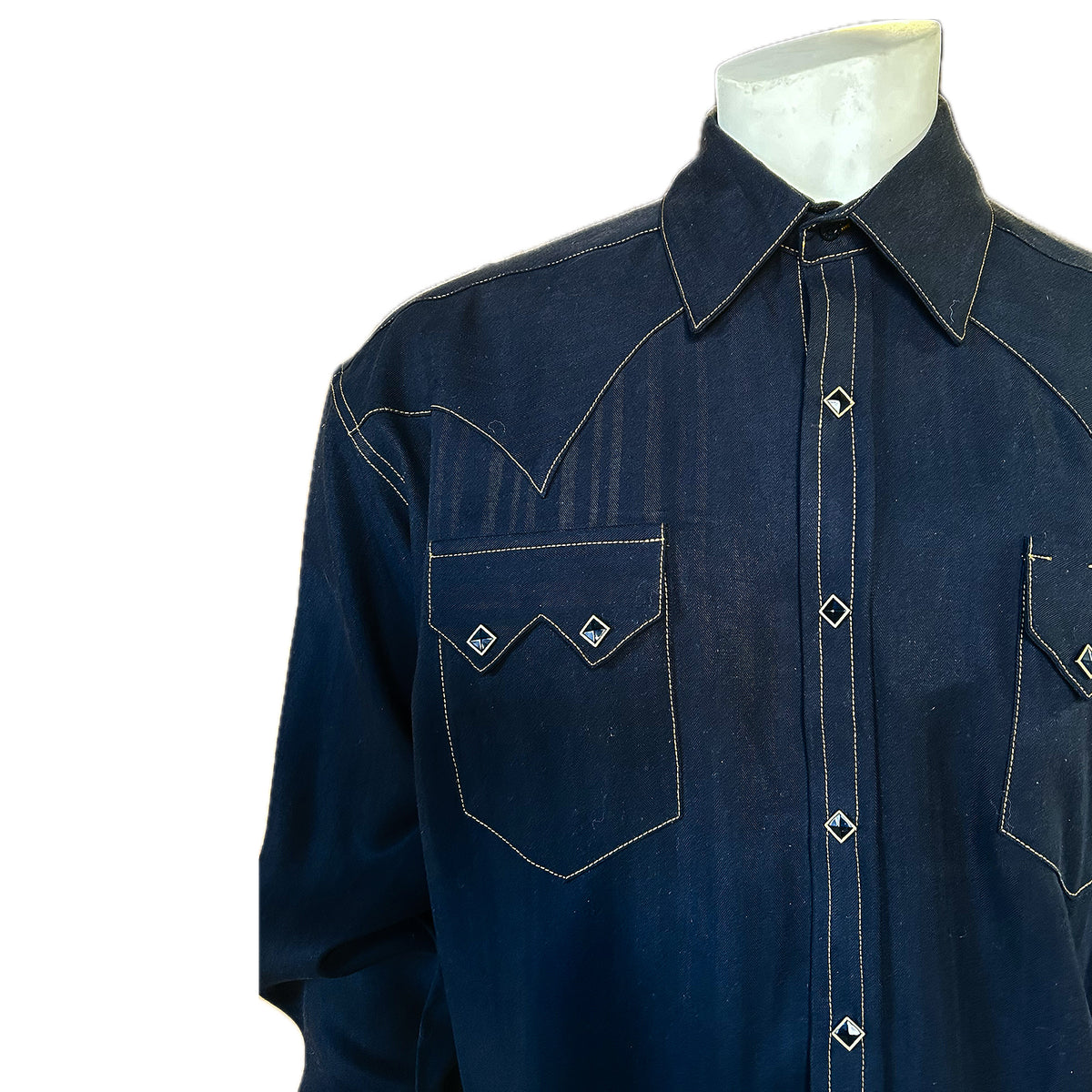 Men's Black Rayon Western Shirt by Rockmount Ranch Wear in denim with sawtooth pocket and diamond snap design