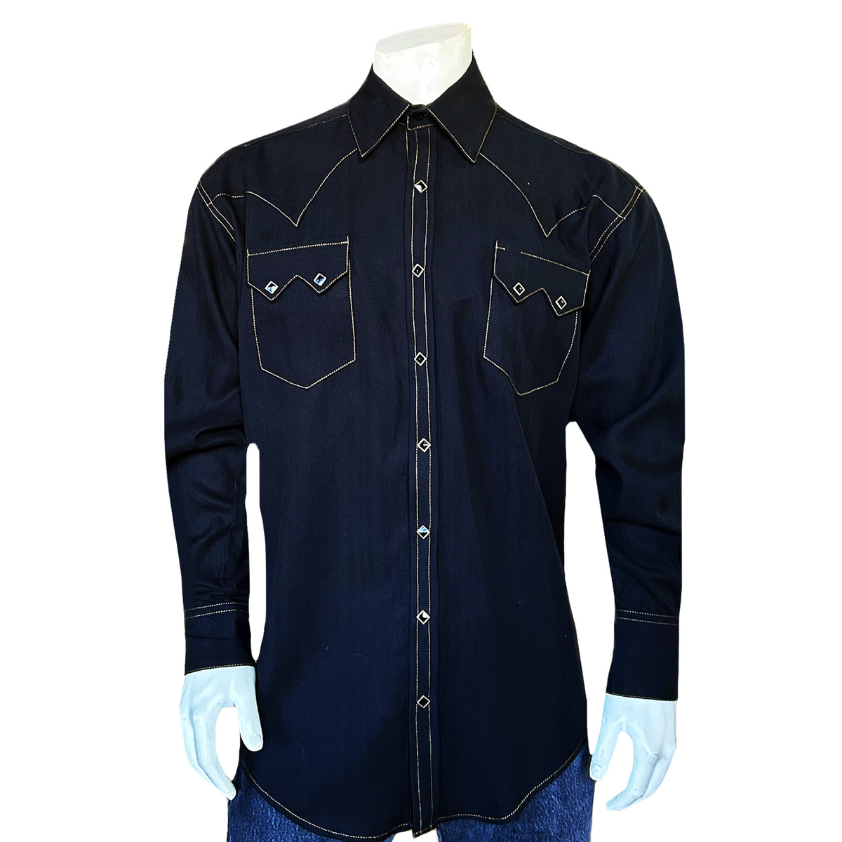 Men's Black Rayon Western Shirt by Rockmount Ranch Wear, western dress shirt with sawtooth pocket diamond snap design