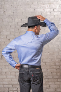 Men's Blue Pima Cotton Herringbone Western Shirt by Rockmount Ranch Wear in vintage chambray with sawtooth pocket