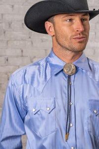 Men's Blue Pima Cotton Herringbone Western Shirt by Rockmount Ranch Wear in blue with sawtooth pocket