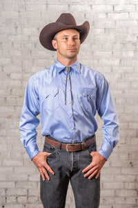 Men's Blue Pima Cotton Herringbone Western Shirt by Rockmount Ranch Wear with sawtooth pocket and diamond snap