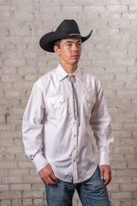 Men's White Pima Cotton Herringbone Western Shirt by Rockmount Ranch Wear with sawtooth pocket and diamond snaps