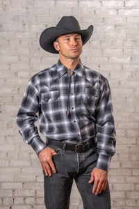 Men's Black and Blue Shadow Plaid Western Shirt by Rockmount Ranch Wear in denim with sawtooth pocket