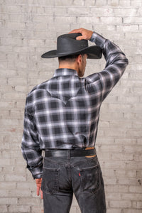 Men's Black and Blue Shadow Plaid Western Shirt by Rockmount Ranch Wear in 100 cotton with sawtooth pocket and diamond snap
