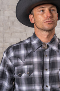 Men's Black and Blue Shadow Plaid Western Shirt by Rockmount Ranch Wear with sawtooth pocket and diamond snap design