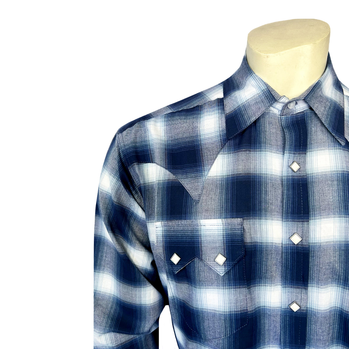 Men's Blue & White Shadow Plaid Western Shirt - Rockmount