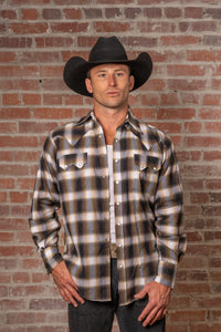 Men's Brown and White Shadow Plaid Western Shirt by Rockmount Ranch Wear in yarn dyed cotton with sawtooth pockets