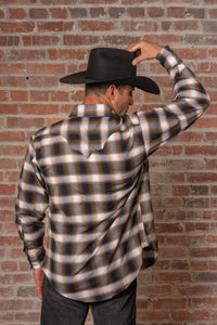 Men's Brown and White Shadow Plaid Western Shirt by Rockmount Ranch Wear in vintage plaid with sawtooth pocket