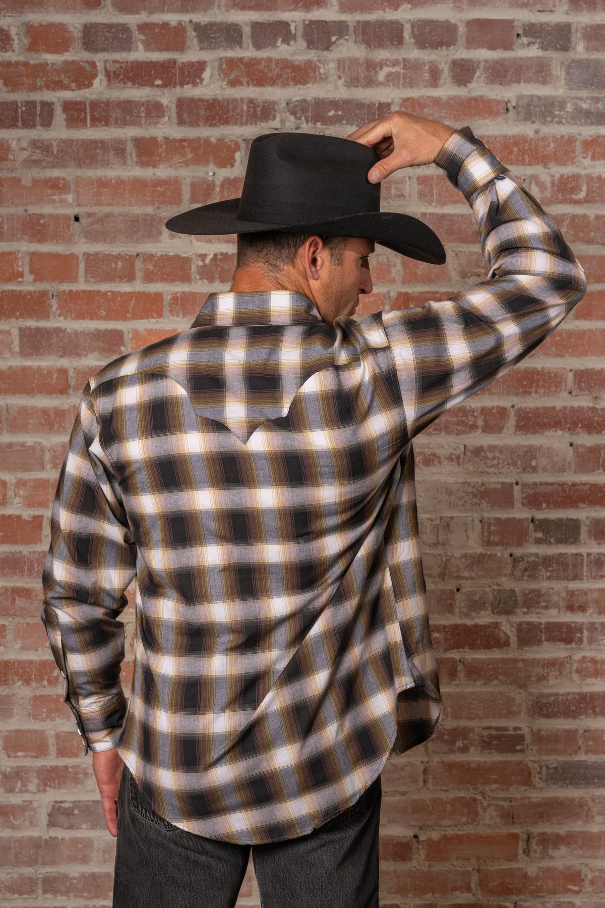 Men's Brown and White Shadow Plaid Western Shirt by Rockmount Ranch Wear in vintage plaid with sawtooth pocket