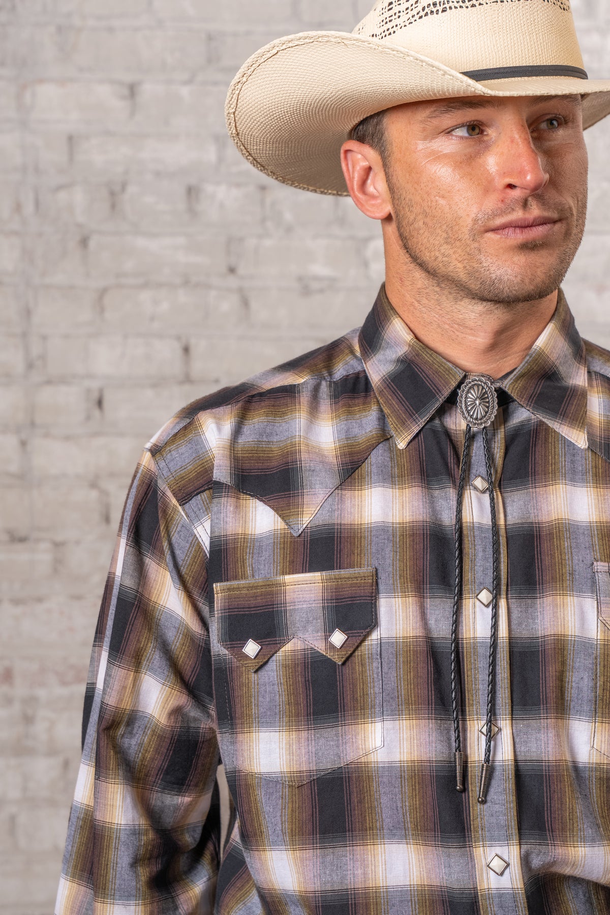Men's Brown and White Shadow Plaid Western Shirt by Rockmount Ranch Wear in 100 yarn dyed cotton