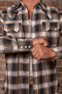 Men's Brown and White Shadow Plaid Western Shirt by Rockmount Ranch Wear in 100 yarn dyed cotton