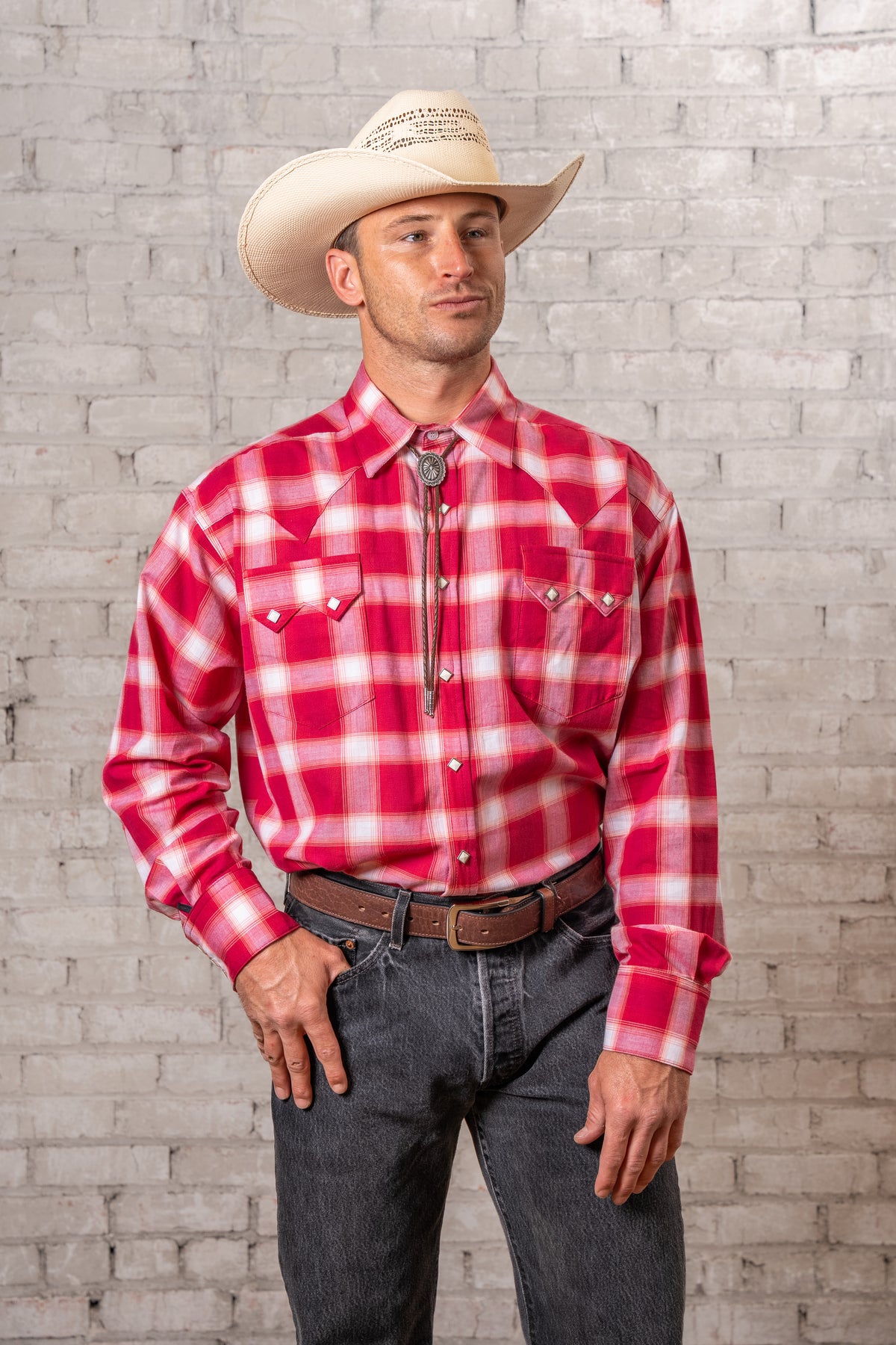 Men's Red and White Long Sleeve Shadow Plaid Western Shirt by Rockmount Ranch Wear, red plaid cotton with diamond snaps