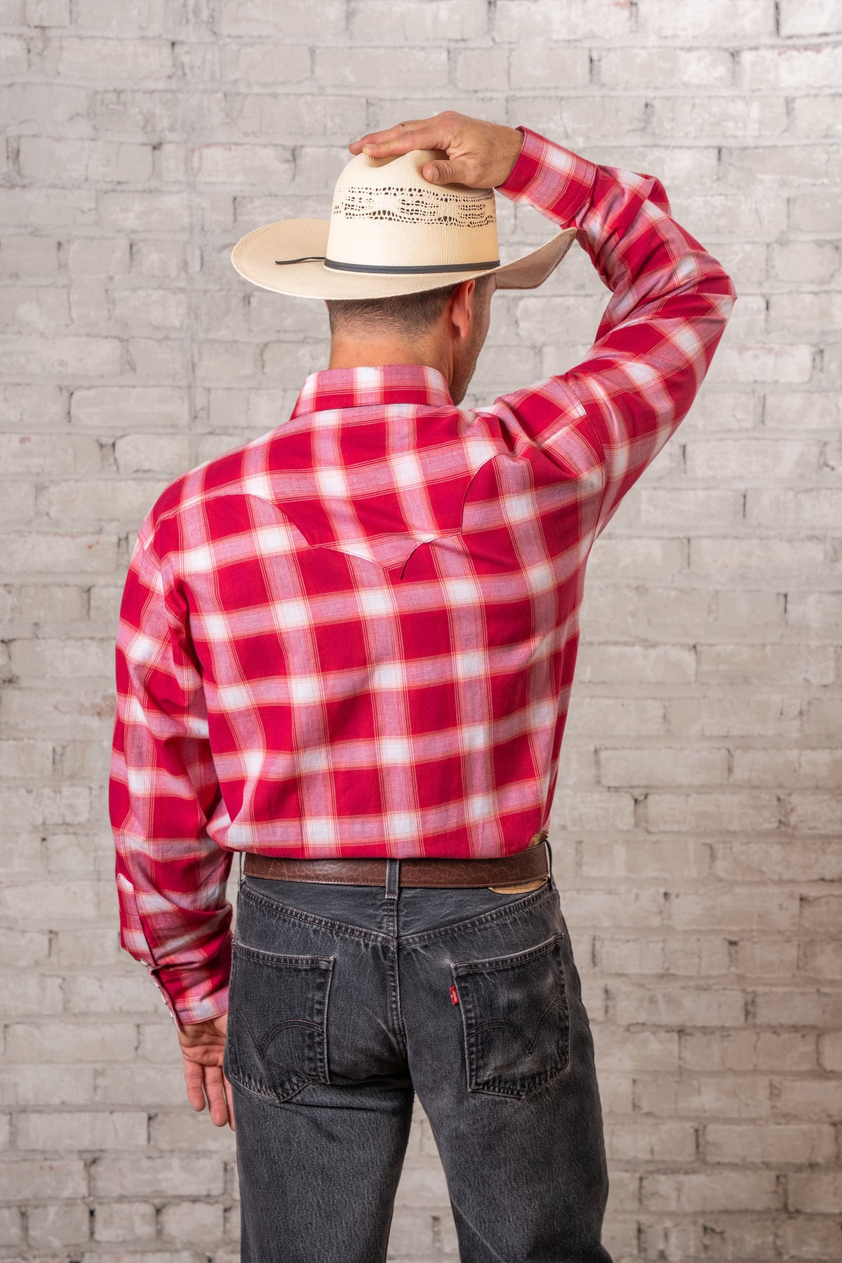 Men's Red and White Long Sleeve Shadow Plaid Western Shirt by Rockmount Ranch Wear, vintage plaid snap
