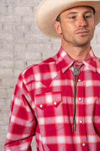 Men's Red and White Long Sleeve Shadow Plaid Western Shirt by Rockmount Ranch Wear with diamond snap shirt