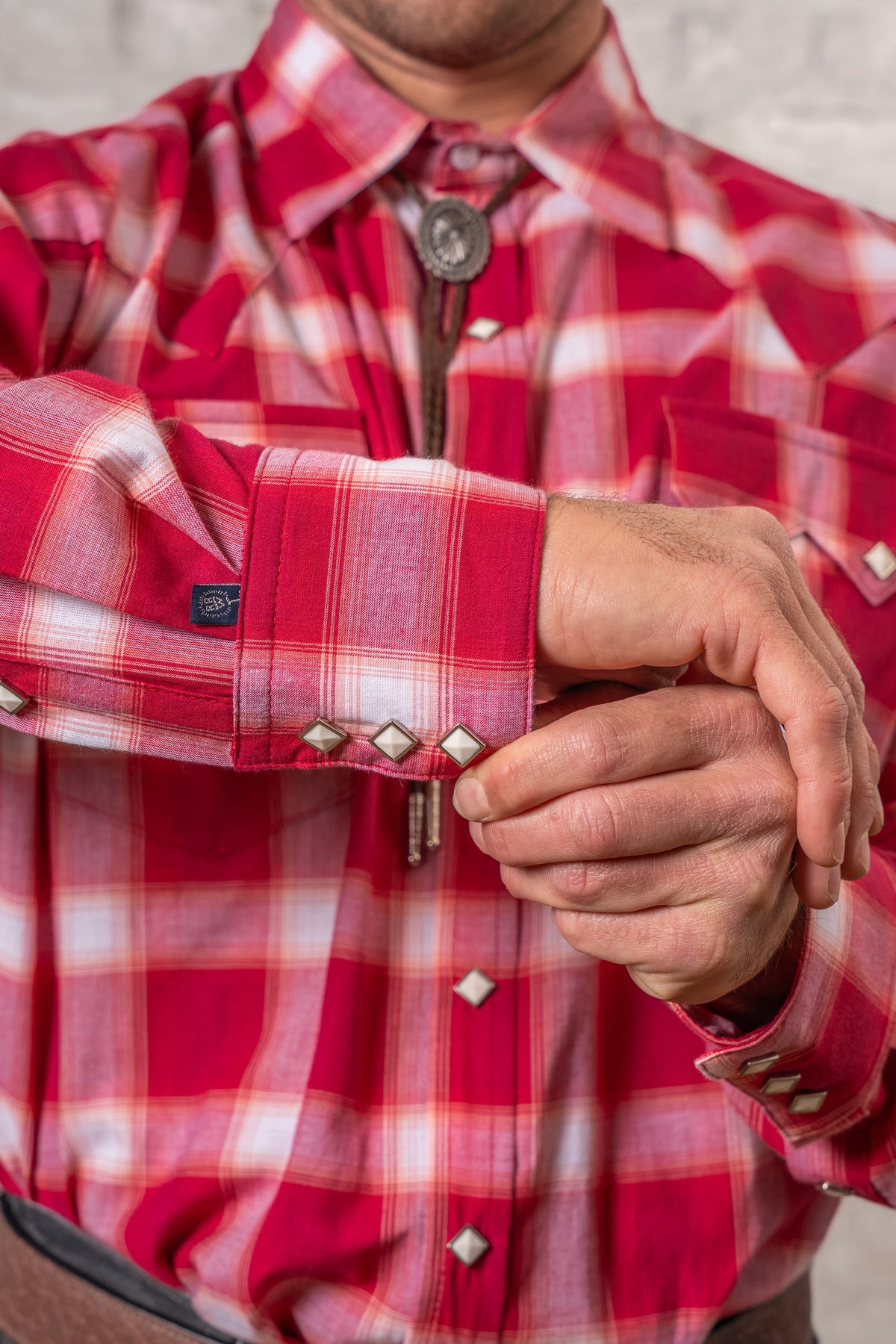Men's Red and White Long Sleeve Shadow Plaid Western Shirt by Rockmount Ranch Wear with diamond snaps