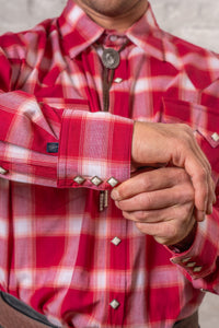 Men's Red and White Long Sleeve Shadow Plaid Western Shirt by Rockmount Ranch Wear with diamond snaps