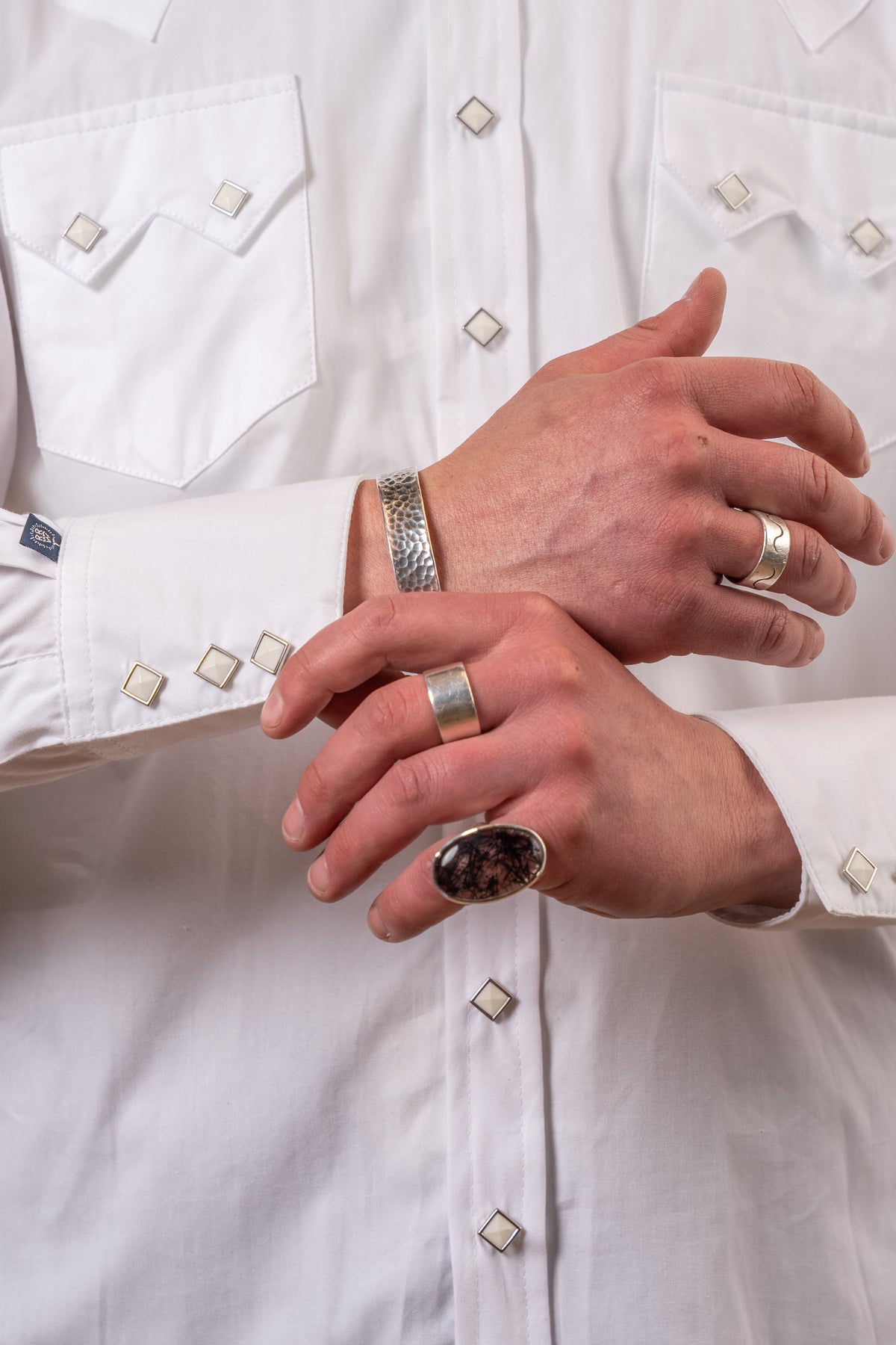 Men's Classic Pima Cotton Solid White Western Shirt with White Snaps by Rockmount Ranch Wear, diamond snap front