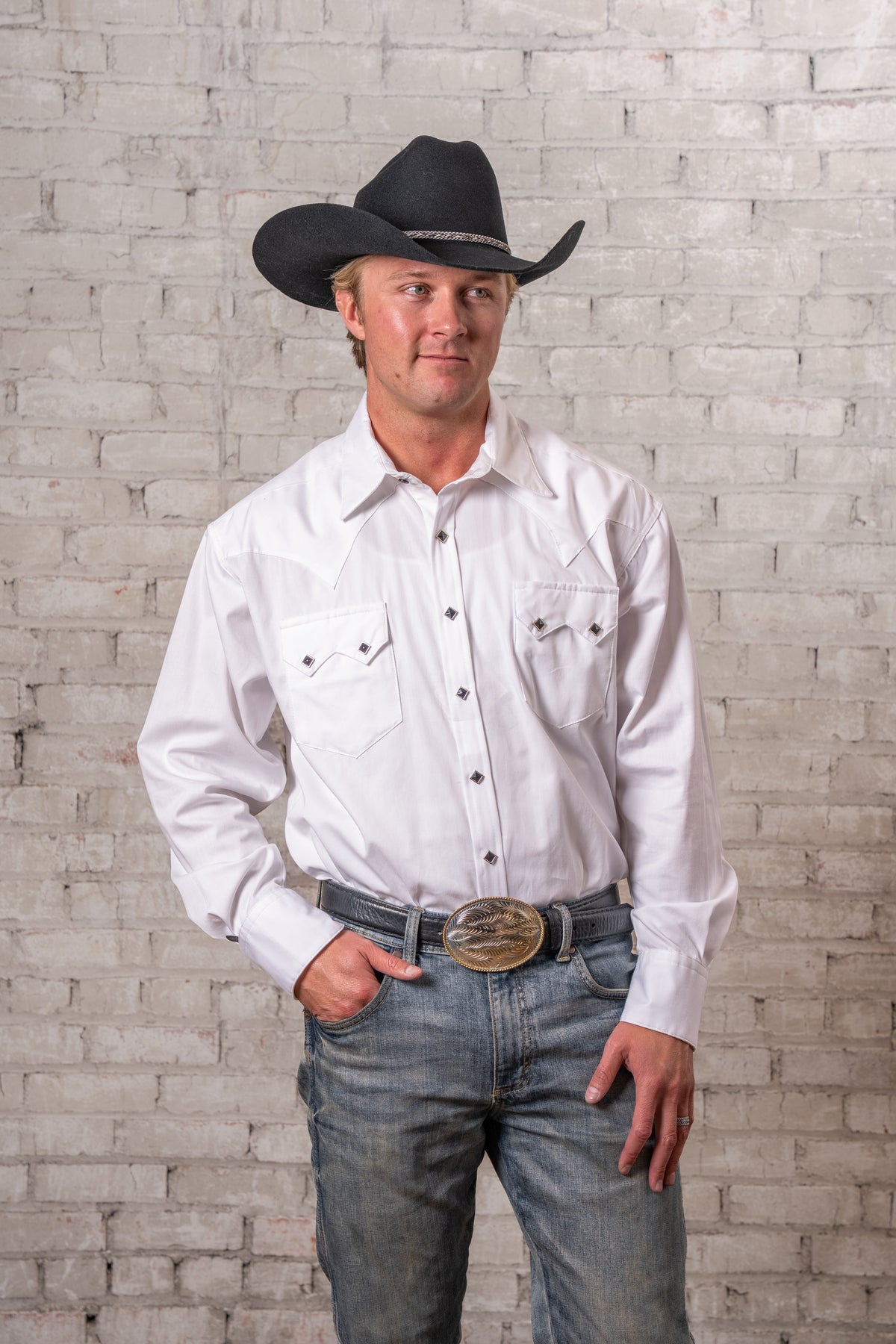 Men's Classic Pima Cotton Solid White Western Shirt with Black Snaps by Rockmount Ranch Wear, sawtooth pockets