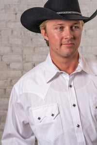 Men's Classic Pima Cotton Solid White Western Shirt with Black Snaps by Rockmount Ranch Wear, black diamond snap closures