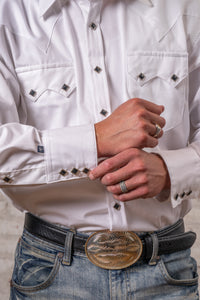 Men's Classic Pima Cotton Solid White Western Shirt with Black Snaps by Rockmount Ranch Wear, pearl snap