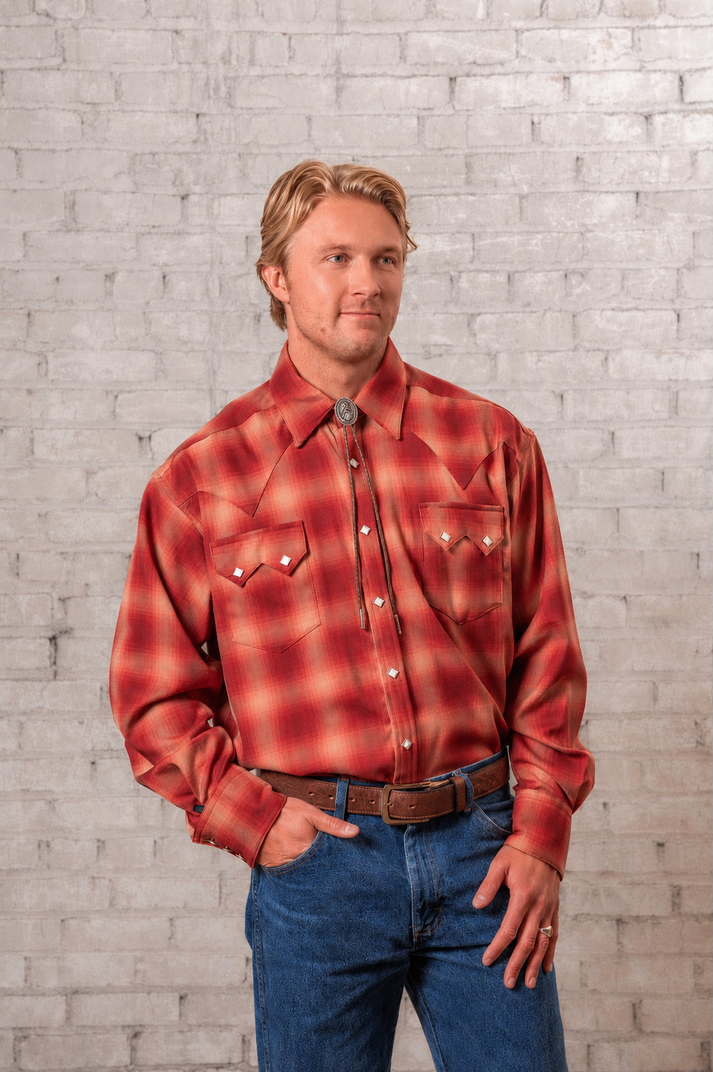 Men's Red Fine Shadow Plaid Western Shirt by Rockmount Ranch Wear in vintage red plaid with sawtooth pockets