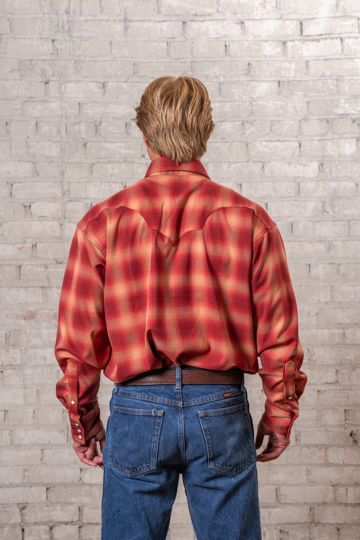 Men's Red Fine Shadow Plaid Western Shirt by Rockmount Ranch Wear in red plaid with sawtooth pockets