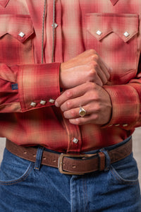 Men's Red Fine Shadow Plaid Western Shirt by Rockmount Ranch Wear in vintage plaid cotton with sawtooth pocket