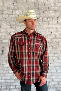 Men's Red Fine Shadow Plaid Western Shirt by Rockmount Ranch Wear, long sleeve denim western shirt with snap design