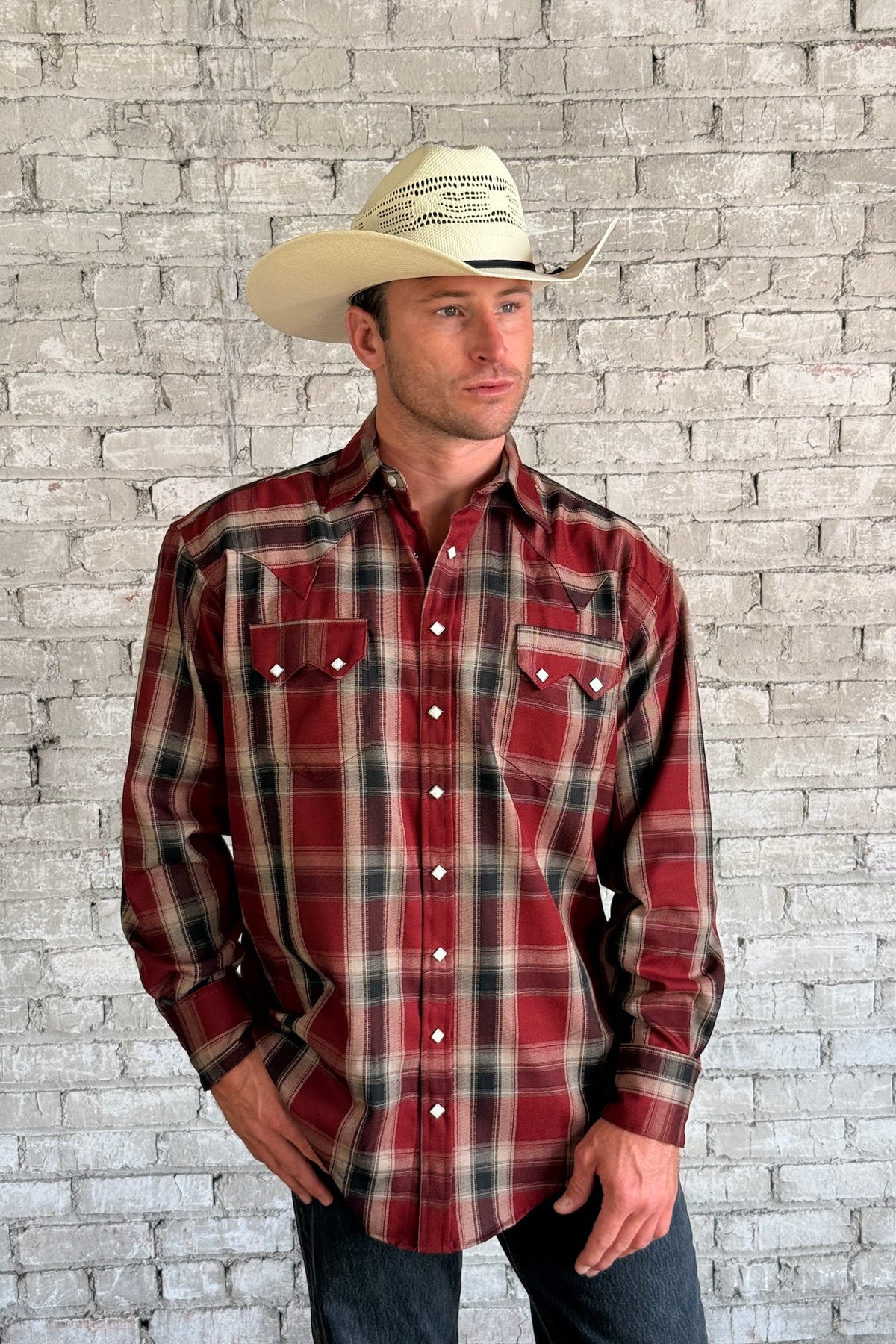 Men's Red Fine Shadow Plaid Western Shirt by Rockmount Ranch Wear, long sleeve denim western shirt with snap design