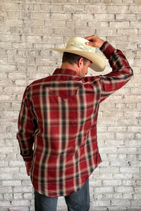 Men's Red Fine Shadow Plaid Western Shirt by Rockmount Ranch Wear, vintage plaid with sawtooth pocket detail