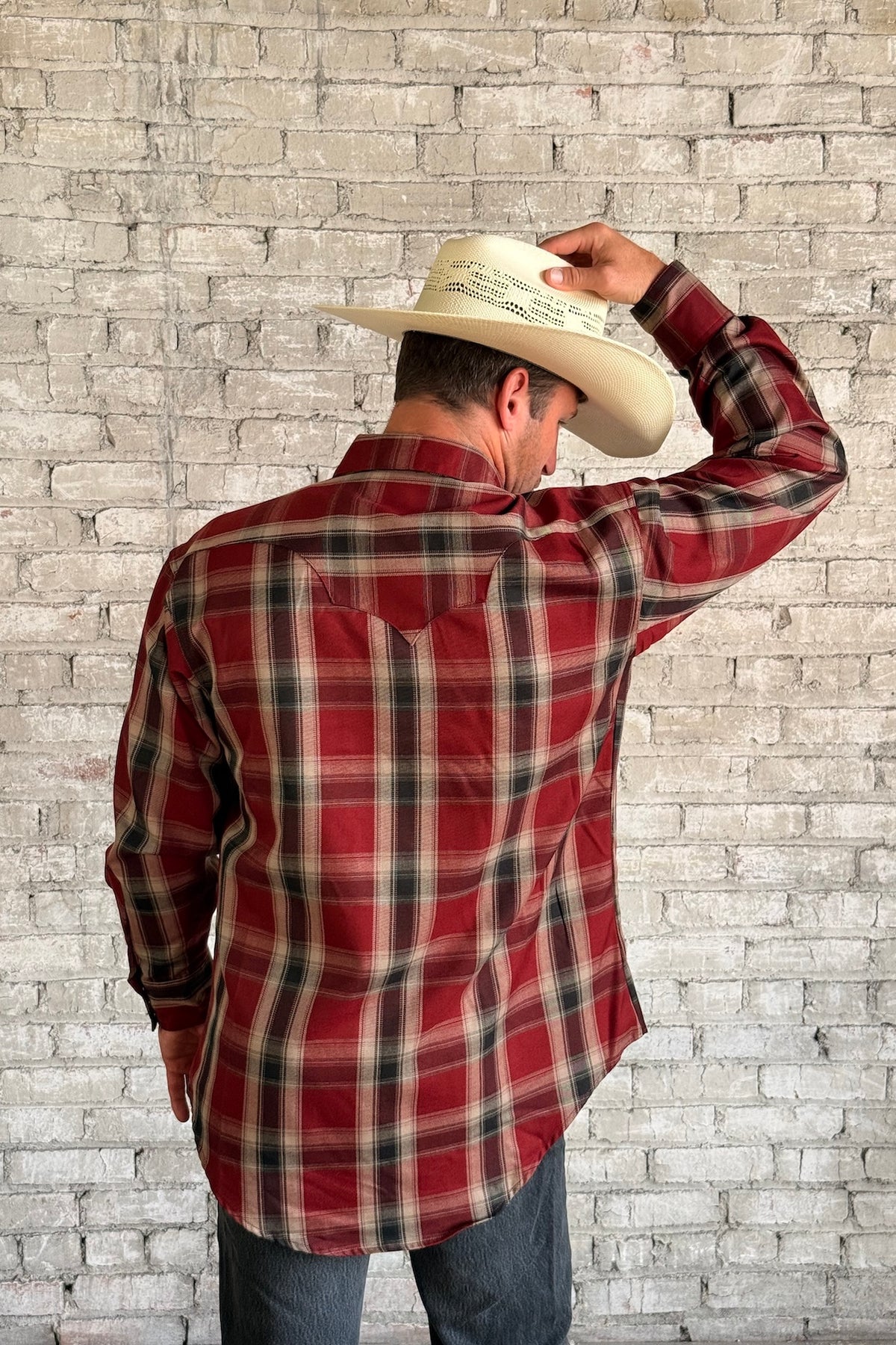 Men's Red Fine Shadow Plaid Western Shirt by Rockmount Ranch Wear, vintage plaid with sawtooth pocket detail