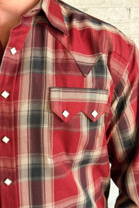 Men's Red Fine Shadow Plaid Western Shirt by Rockmount Ranch Wear with snap button shirt and sawtooth pocket