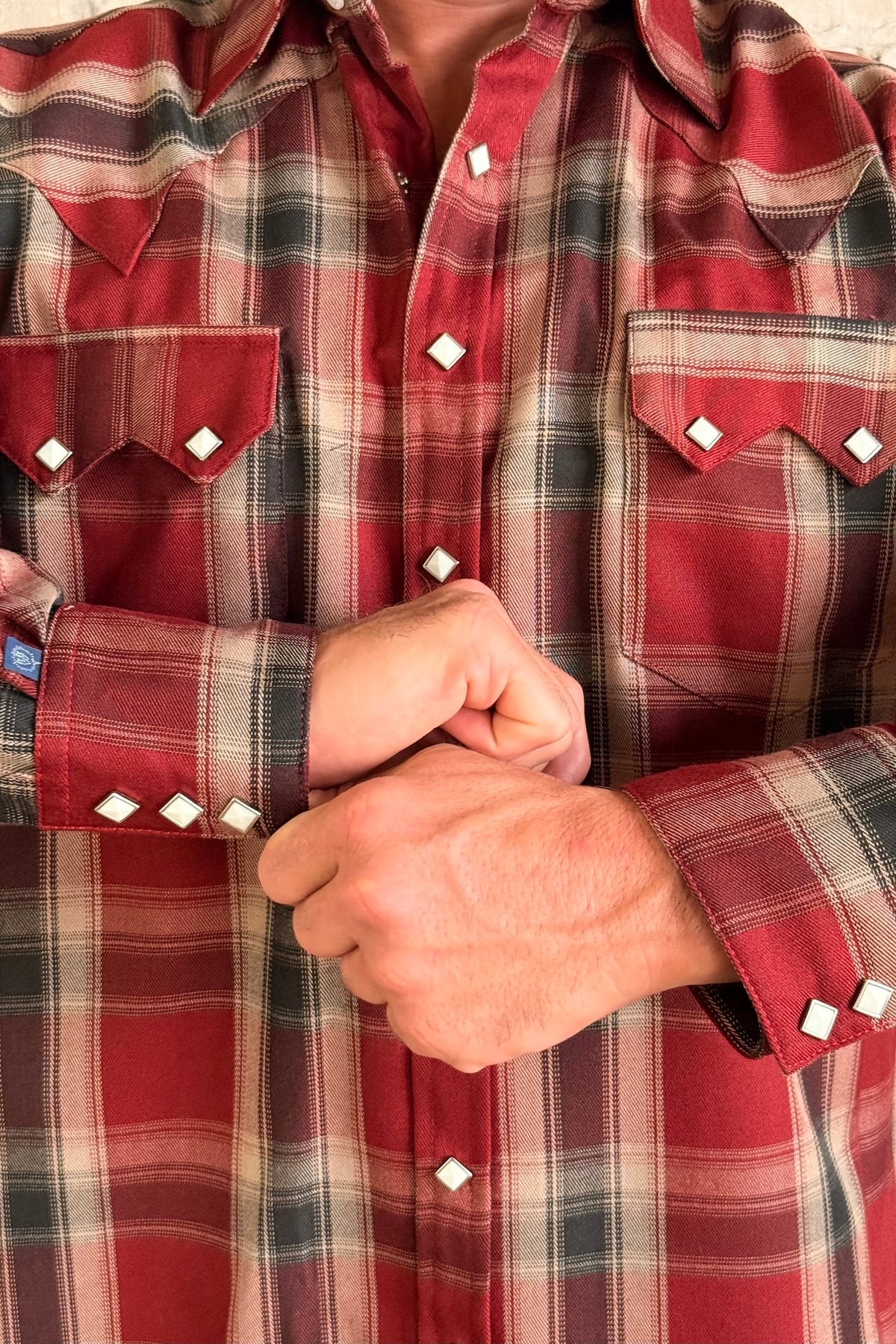 Men's Red Fine Shadow Plaid Western Shirt by Rockmount Ranch Wear in plaid with snap button shirt details