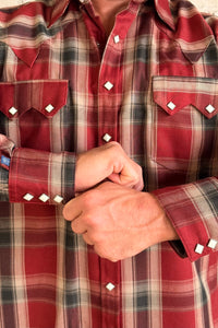 Men's Red Fine Shadow Plaid Western Shirt by Rockmount Ranch Wear in plaid with snap button shirt details