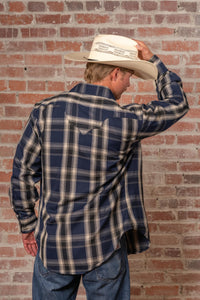 Men's Navy Fine Shadow Plaid Western Shirt by Rockmount Ranch Wear in denim plaid with snap front