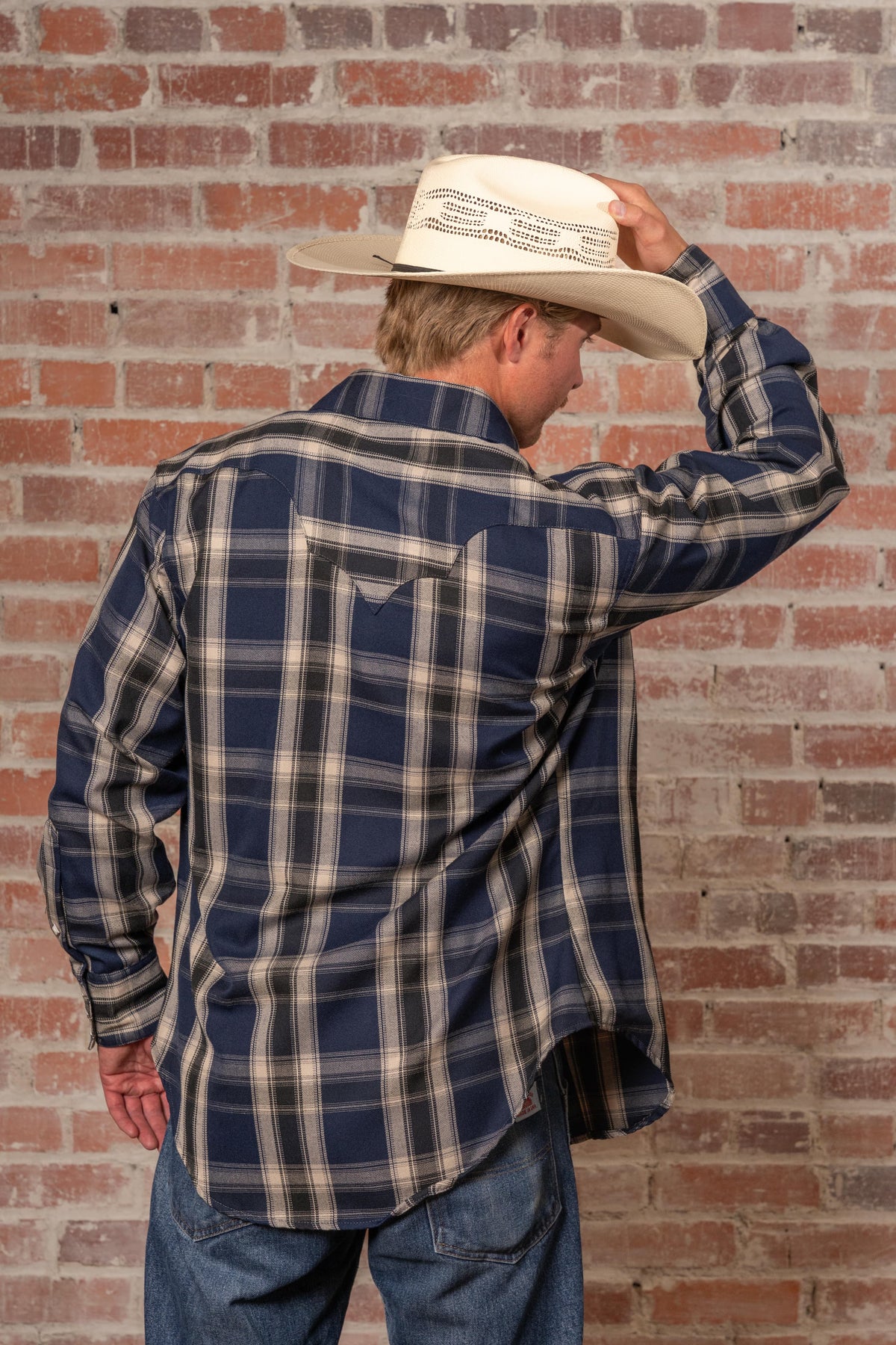 Men's Navy Fine Shadow Plaid Western Shirt by Rockmount Ranch Wear in denim plaid with snap front
