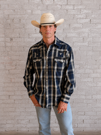 Men's Navy Fine Shadow Plaid Western Shirt by Rockmount Ranch Wear with sawtooth pocket snap-front design
