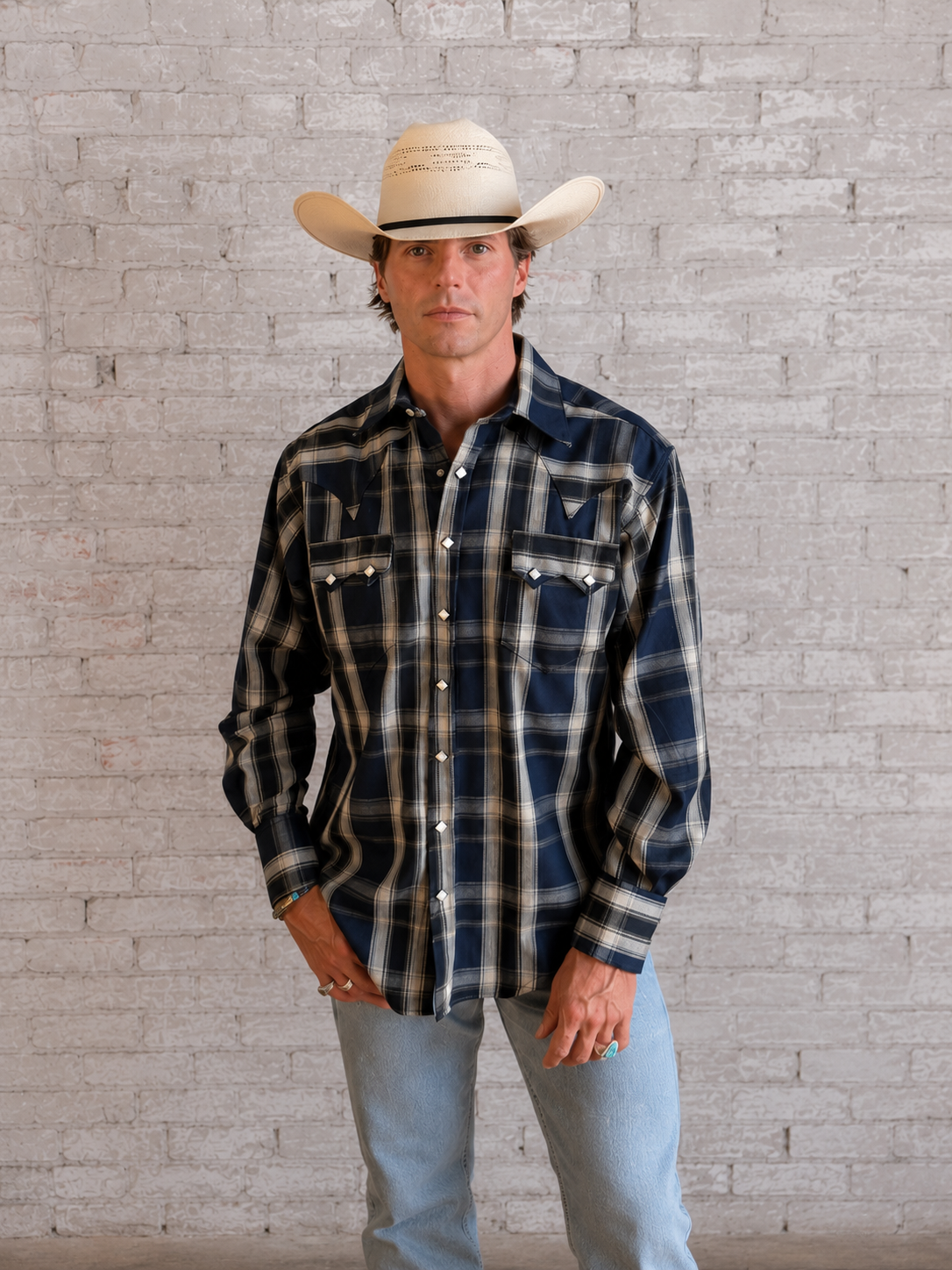 Men's Navy Fine Shadow Plaid Western Shirt by Rockmount Ranch Wear with sawtooth pocket snap-front design