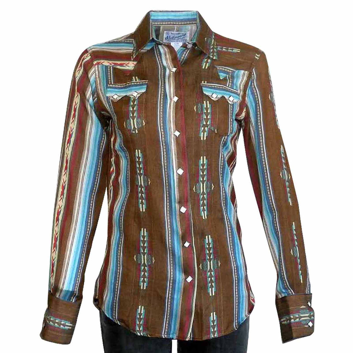 Women's Serape Pattern Western Shirt in Brown by Rockmount Ranch Wear with diamond snaps and sawtooth pockets