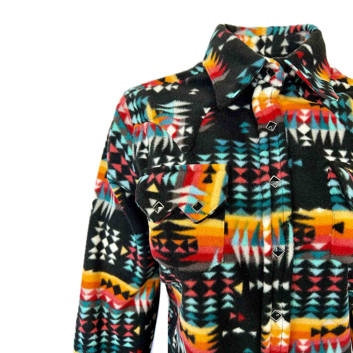 Women Native Pattern Fleece Western Shirt by Rockmount Ranch Wear in black with sawtooth pockets and diamond snaps