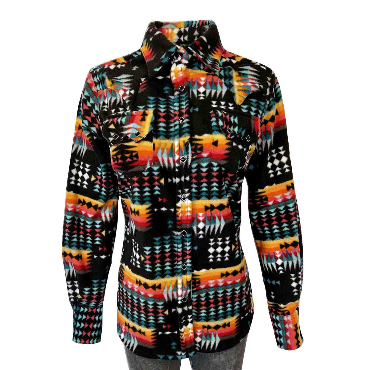 Women's Native Pattern Fleece Western Shirt Rockmount Ranch Wear in black with sawtooth pockets and diamond snaps
