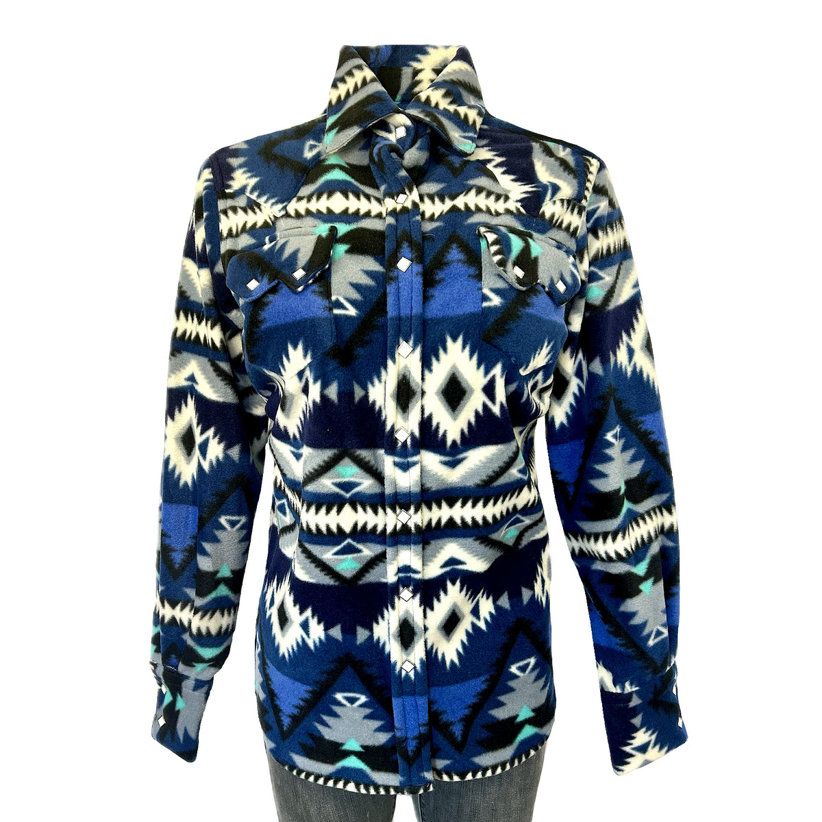 Women's Native Pattern Fleece Western Shirt by Rockmount Ranch Wear in blue and black with diamond snap front