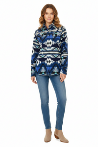 Women Native Pattern Fleece Western Shirt in Blue and Black by Rockmount Ranch Wear with diamond snap front