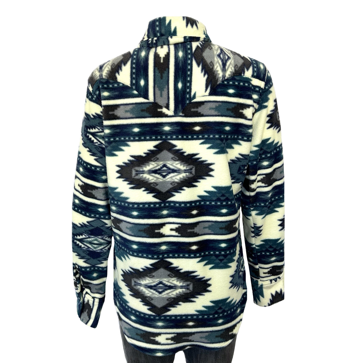 Women's Native Pattern Fleece Western Shirt in white and blue by Rockmount Ranch Wear with sawtooth pocket