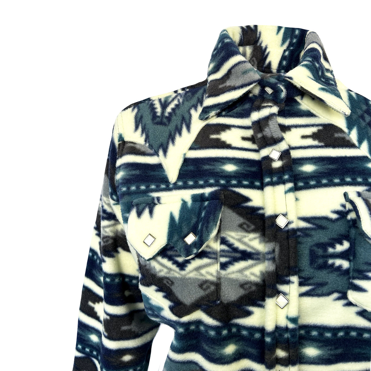 Women's Native Pattern Fleece Western Shirt in White and Blue by Rockmount Ranch Wear with sawtooth pocket